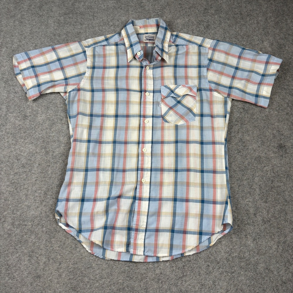 80s Levi's Button Up Shirt Mens Large Vintage Plaid Short Sleeve Made in USA 90s